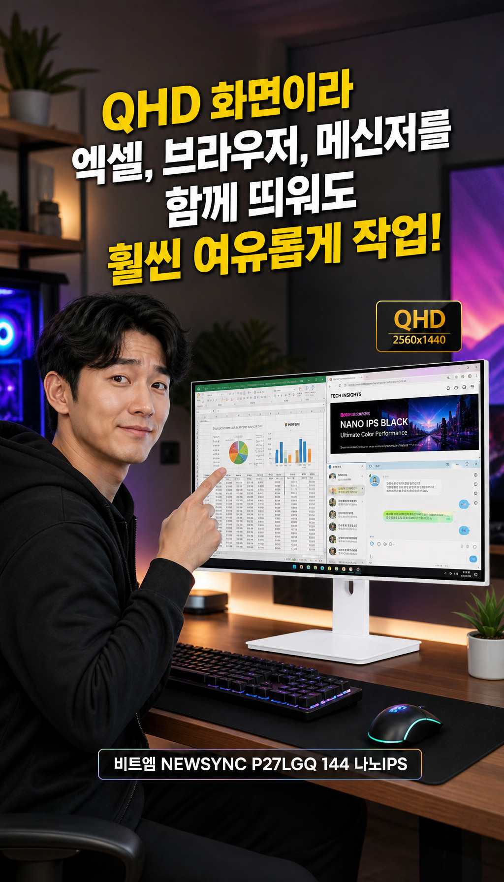 비트엠 Newsync P27LGQ 144 나노IPS 4면 슬림제로베젤 화이트 무결점 - QHD의 작업 효율