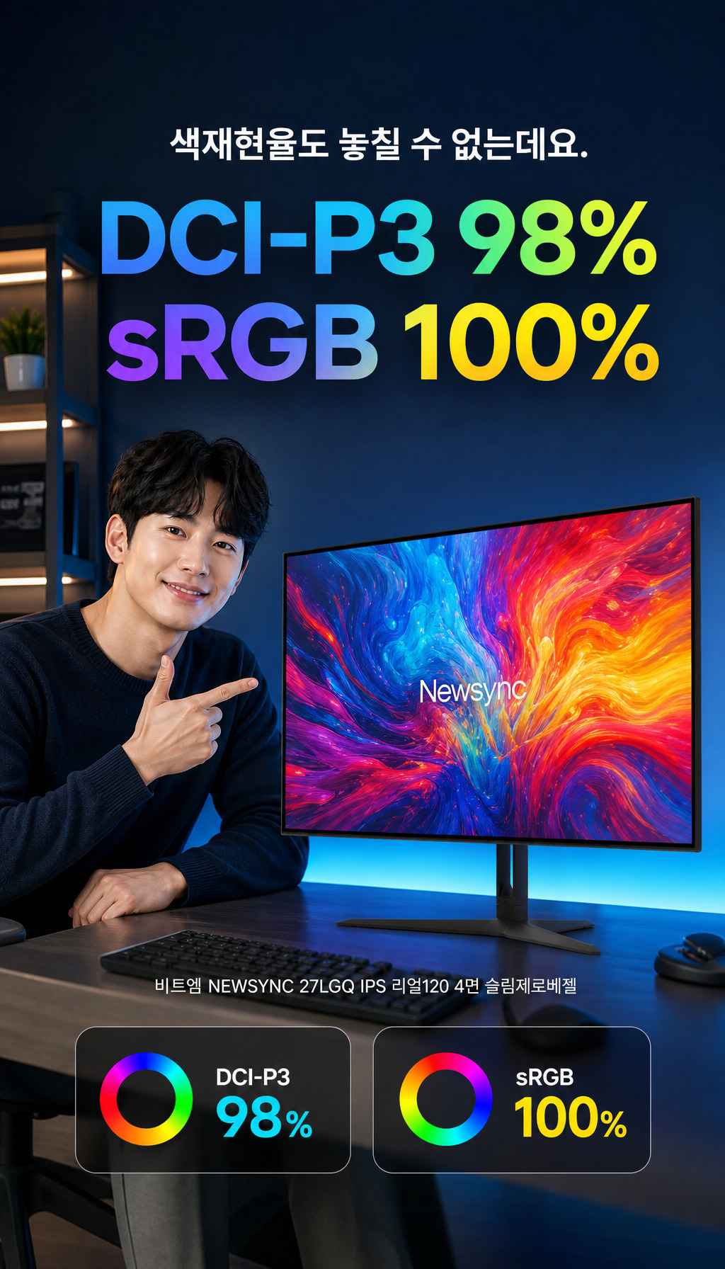 비트엠 Newsync 27LGQ IPS 리얼120 4면 슬림제로베젤 무결점 - 색재현율 - 전문가급