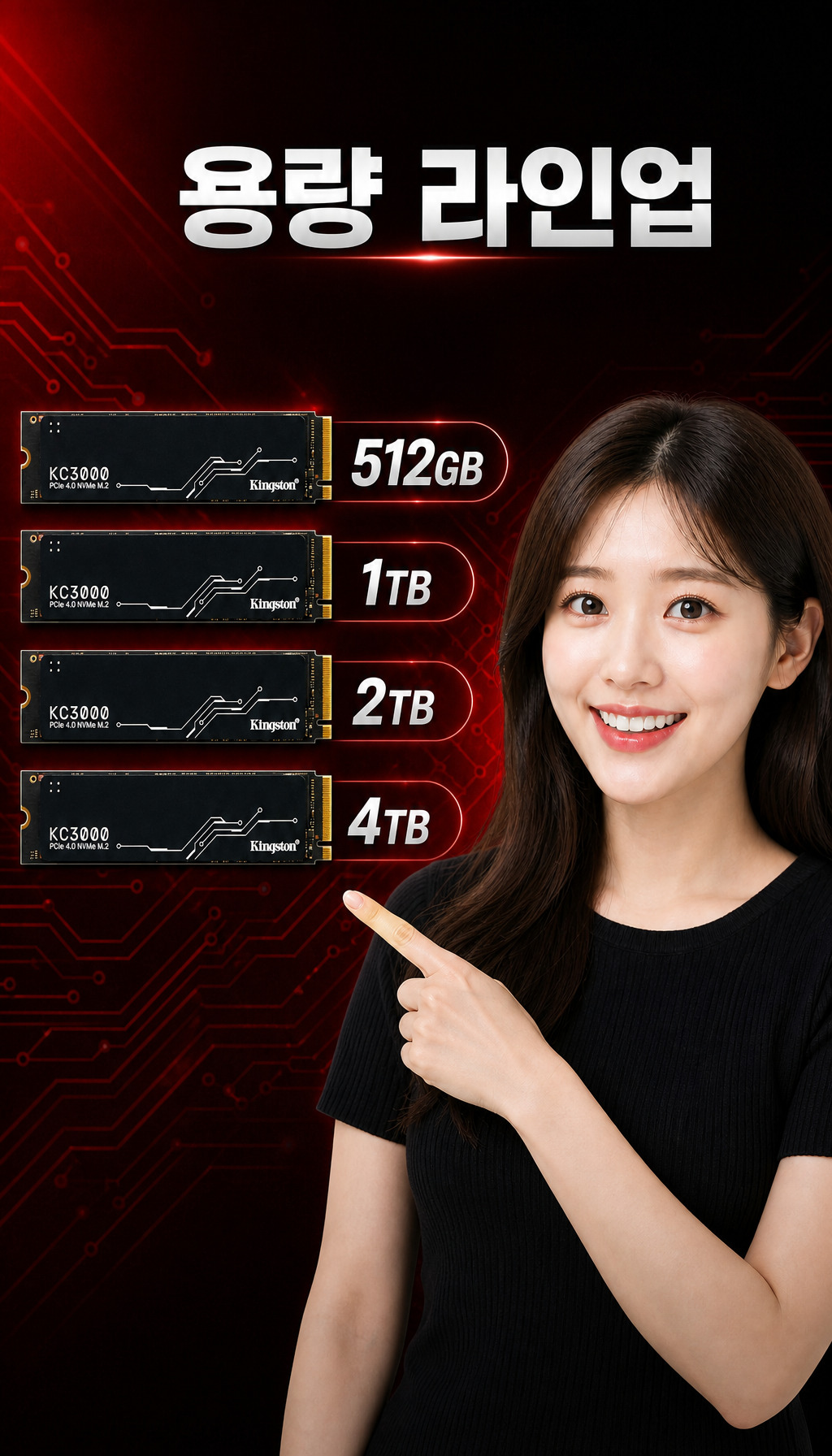 킹스톤 KC3000 M.2 NVMe 512G, 1TB, 2TB, 4TB - 용량 선택지 제시