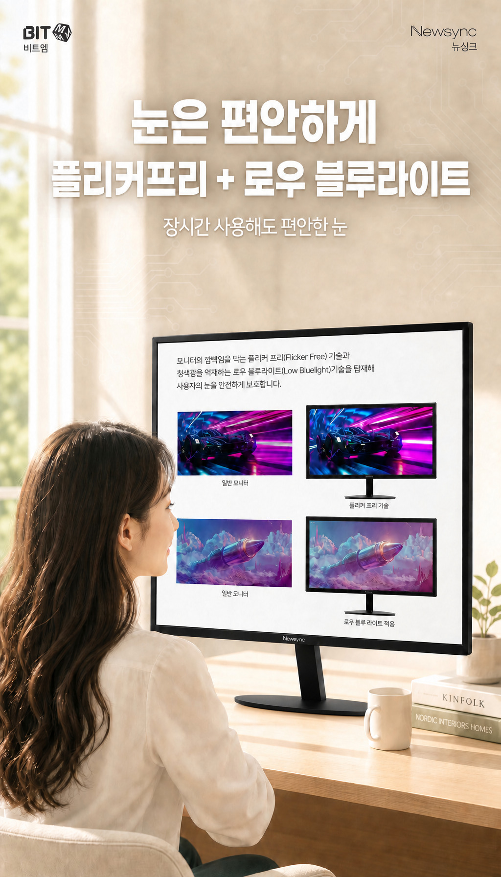 비트엠 Newsync P225IPS 터치스크린 HDR 무결점 - 눈 보호 기능, 플리커프리와 로우 블루라이트