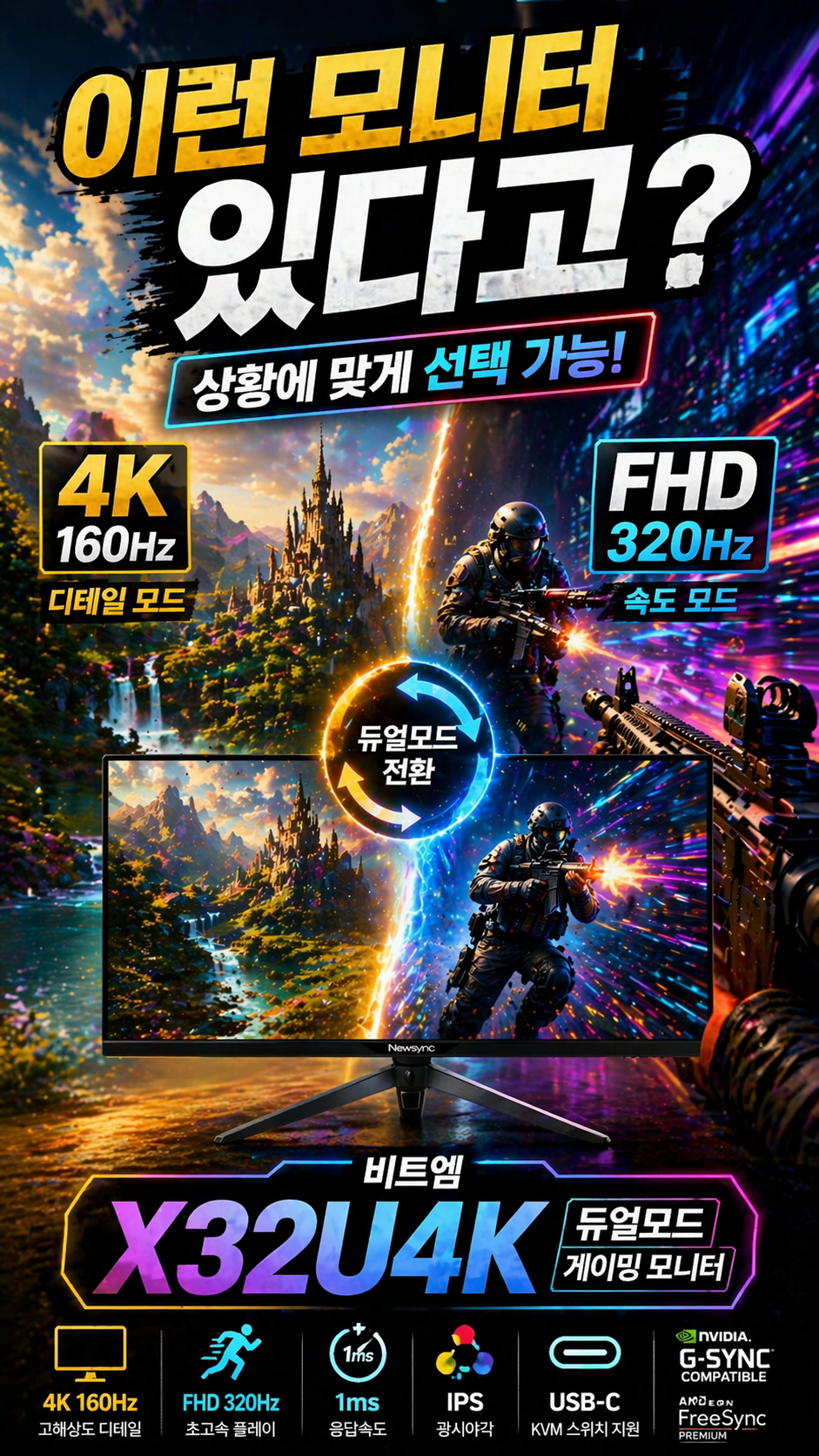 비트엠 Newsync X32U4K Fast IPS 160 듀얼모드 게이밍 - 첫 3초, 핵심 메시지 던지기