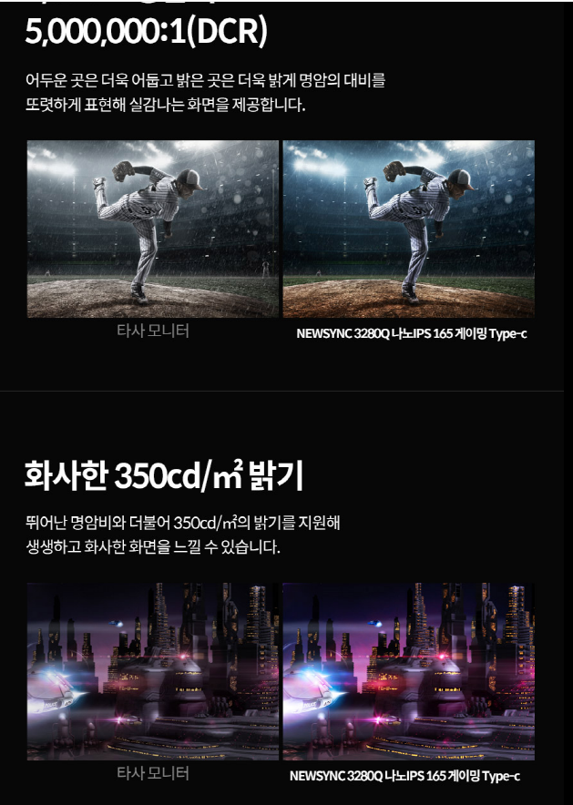 비트엠 Newsync 3280Q 나노IPS 180 게이밍 Type-c 무결점 - 명암 표현: 깊고 선명하게